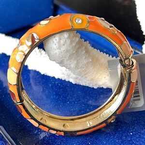 Orange/Coral/Peach Enamel Geometric Pattern Accented with Clear Crystals in Gold
